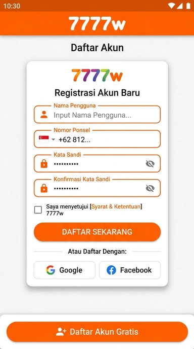 Tampilan halaman daftar 7777w