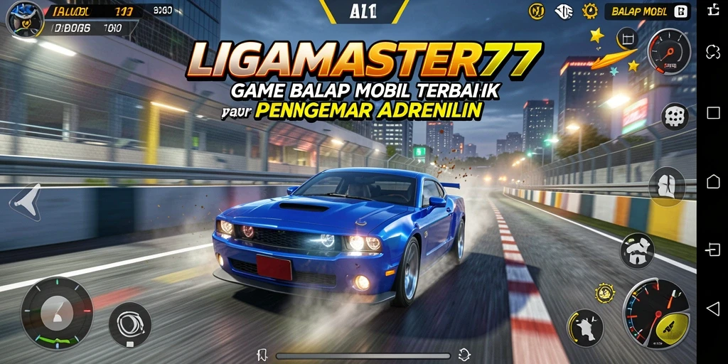 Tampilan antarmuka LIGAMASTER77 yang menampilkan balapan mobil yang intens.